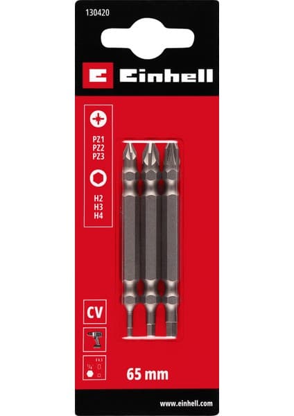 Einhell Orijinal Einhell Çift Uçlu Bit Seti, 3 Parça, 65 mm, PZ/H (Krom Vanadyum, Çok Yönlü Uç Profilleri, E 6.3 Sap) - 49130420