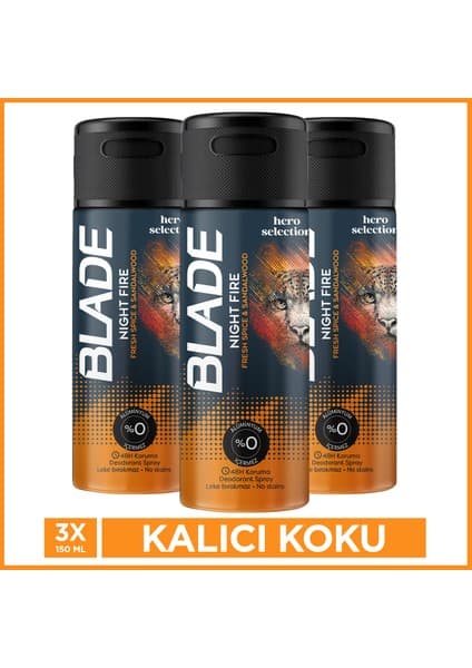 Blade Night Fire Erkek Alüminyumsuz Deodorant 3x150 Ml Hızlı Kurur,Leke Bırakmaz