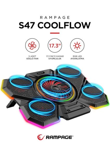 Rampage S47 Coolflow 5 Adet Kırmızı LED Fan 1 USB 7 Farklı Kademe Ayarı 10 17.3 Notebook Soğutucu Stand
