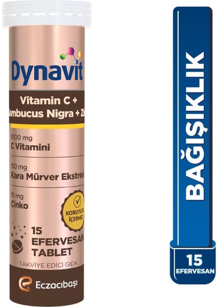 Dynavit 15 Efervesan Tablet C Vitamini, Sambucus Nigra ve Çinko - 11 Yaş Üstü Kullanıma Uygun