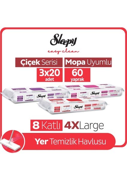 Sleepy Easy Clean Lilyum+Kiraz Ç+Orkide Mopa Uyumlu Yer Temizlik Havlusu&mendili 3X20 (60 Yaprak)