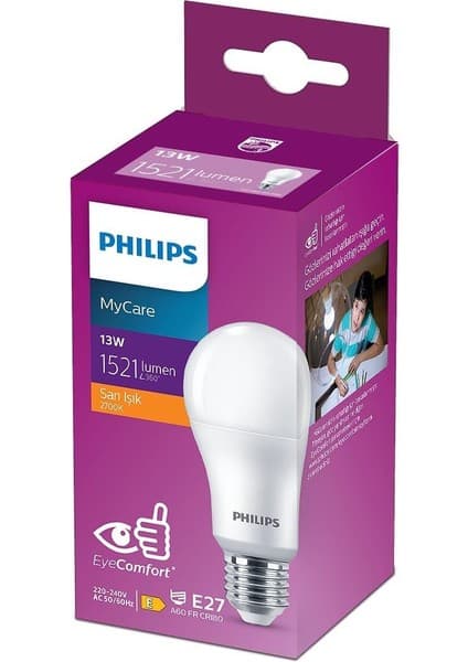 Philips MyCare LED Ampul 13W 1521 Lumen 2700K Sarı Işık A60 E27 Duy (100W Eşleniği) Yerli Üretim