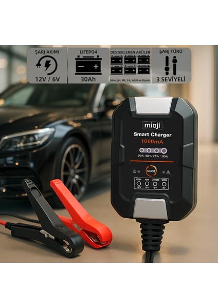 Mioji 1000 1A 6V ve 12V Araba Şarj, Akü Bakım, Damlama Şarj Cihazı ve Motosiklet, ATV, Lityum ve Derin Döngülü Aküler için Kükürt Giderici Akıllı Akü Şarj Cihazı