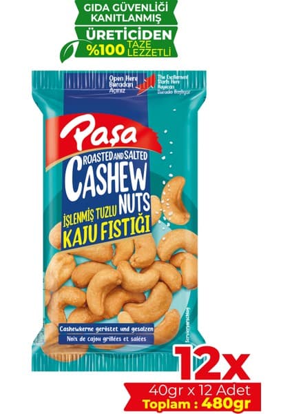 Paşa Kuruyemiş Kavrulmuş Kaju 480gr (40 gr x 12 Adet) (Tuzlu Kaju Fıstığı)