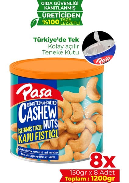 Paşa Kuruyemiş Kavrulmuş Kaju 1,2 kg (150 gr x 8) Teneke Kutu, Tuzlu Kaju Fıstığı