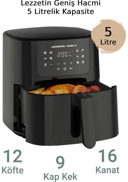 General Mobile GM Air Fryer 5 L Yağsız Fritöz – Tek Hazne, Isı Ayarı, Hızlı Isınma ve Çıkarılabilir Hazne Özellikli