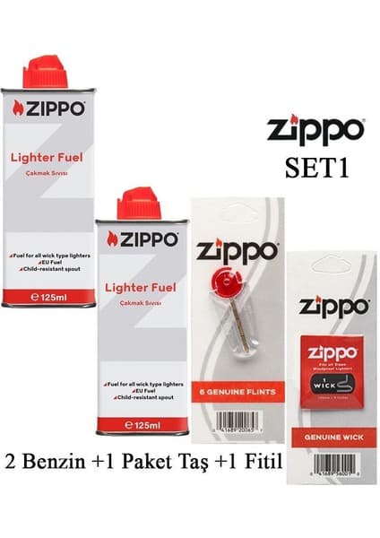 Zippo Çakmak İkmal Seti 2×125 ml Benzin + 1 Taş + 1 Fitil Premium Tasarım Hediye Seçeneği