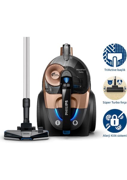 Philips Marathon Daily Torbasiz Elektrikli Süpürge, 750W, PowerCyclone 8, Alerji Kilit Sistemi, XB7151/07