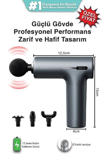 SKG F1 Pro Şarjlı Masaj Tabancası | 6 Darbe Yoğunluğu, 4 Farklı Başlık, Portatif Tasarım, Bütün Vücut Uyumlu