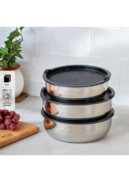 Emsan Bella Kısa Mini 3'lü Saklama Kabı Sızdırmaz Tasarım Çelik 1000-1280-1680 ml