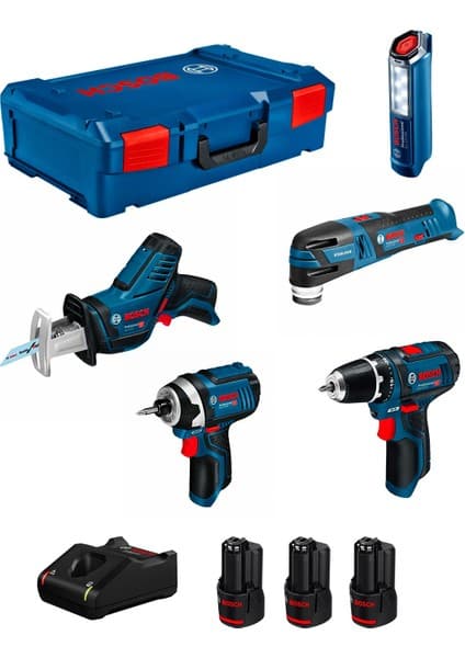 Bosch 12 Volt 5 Li Akülü Set (Gsr 12V-15 + Gop 12V-28 + Gdr 12V-105 + Gsa 12V-14 + Glı 12V-300 + 3 x 2,0 Ah + Gal 12V-40 + L-Boxx Xl)