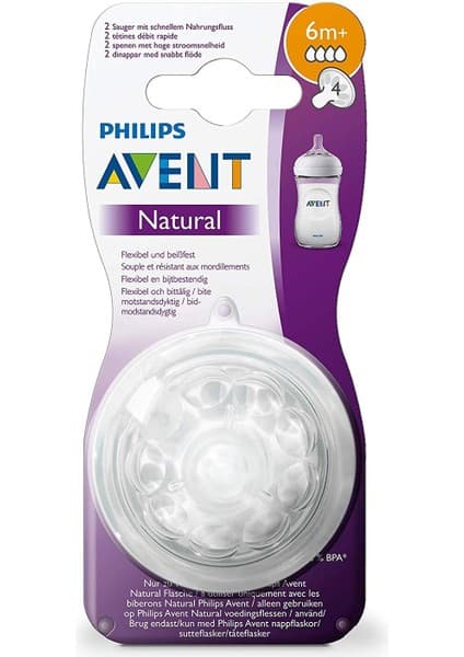 Philips Avent Natural Silikon Biberon Emziği - 4 Delikli Gelişmiş Anti-Kolik Sistemi, 6 Aydan İtibaren, Sızdırmaz, BPA İçermeyen, 2'li Paket