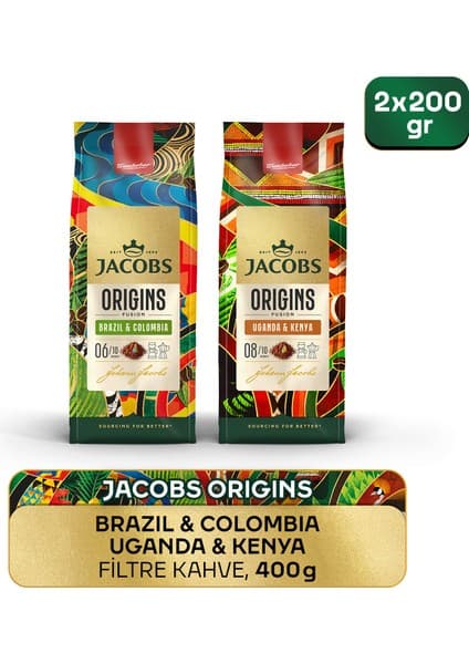 Jacobs Origins Brazil & Colombia + Uganda & Kenya Filtre Kahve 200GR 2'li Paket