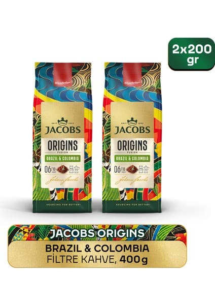 Jacobs Origins Brazil & Colombia Filtre Kahve 200 gr x2 Adet 400 gr Özel Kavrulmuş Taze Çekilmiş Lezzet