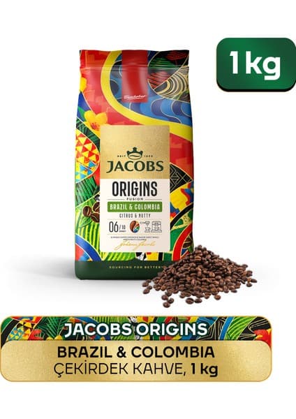 Jacobs Origins Brazil & Colombia 1 kg Çekirdek Kahve Özel Kavrulmuş Yoğun Aroma ile
