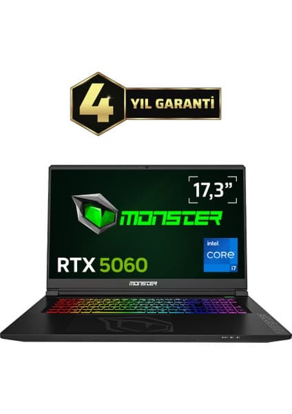 Monster Tulpar T7 V26.2.1 Intel Core i7 13620H 16 GB RAM 1 TB SSD 8 GB RTX 5060 Windows 11 Home 17,3" FHD 144 Hz Oyun Bilgisayarı