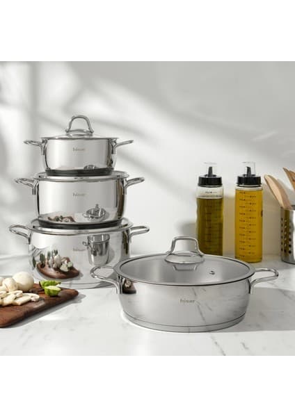 Hisar Teos Çelik Tencere Seti 8 Parça Inox Ergonomik Saplı Kolay Temizlik 16-24 cm