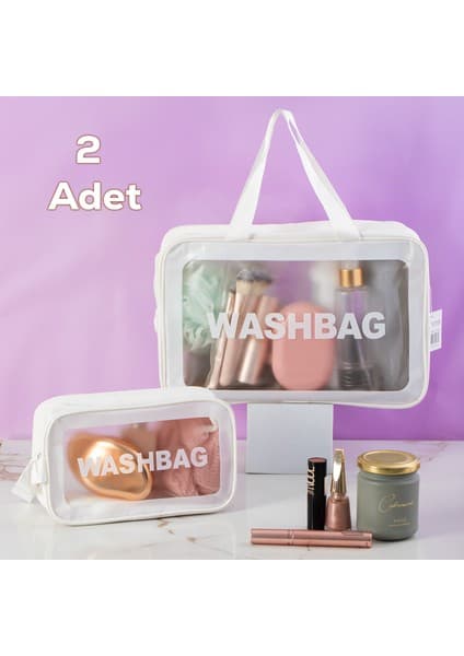 Porsima 2li Şeffaf - Beyaz Seyahat ve Makyaj Çantası Su Geçirmez Organizer Washbag