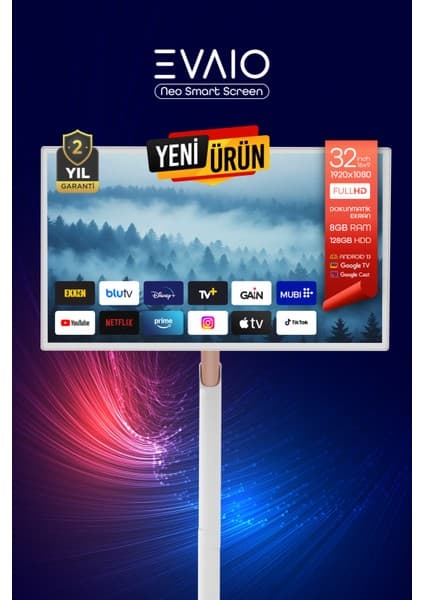 EVAİO Neo 32 Inç 80 Ekran HDD Full HD Taşınabilir Android Smart LED Ayaklı Ekran