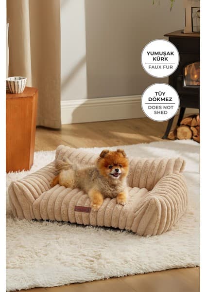 Evien Home Evlen Home Collection Kürk Peluş Ortopedik Kedi Köpek Evcil Hayvan Yatağı PatiChill Yıkanabilir Kaymaz Taban Luna Lüks Su Geçirmez Bej