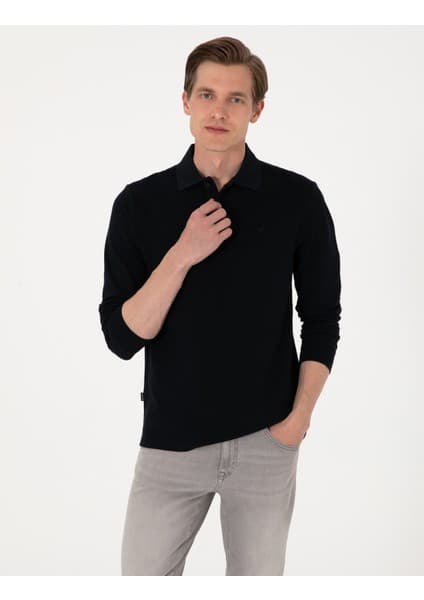 Pierre Cardin Erkek Siyah Slim Fit Kıvrılmaz Polo Yaka Basic Pike Sweatshirt 50314048-VR046