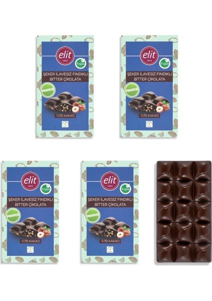 Elit Çikolata Fındıklı, Şeker İlavesiz, Vegan ve Prebiyotik Bitter Çikolata 60g 5'li Set (5x60g) Glutensiz