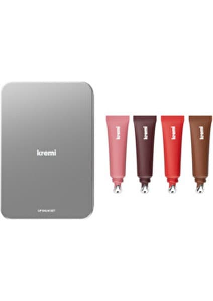 Kremi Lip Balm Set 4 Metal Kutu Vegan Nemlendirici Dudak Parlatıcı Kırmızı Kahve Nude Bordo