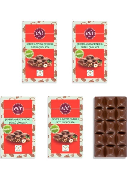 Elit Çikolata Fındıklı, Şeker İlavesiz ve Prebiyotik Sütlü Çikolata 60g 5li Set Glutensiz