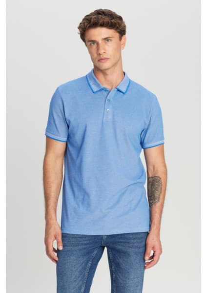 Altınyıldız Classics Erkek Çekmeyen Pamuklu Kumaş Slim Fit Dar Kesim Saks-Beyaz Kıvrılmaz Polo Yaka Tişört