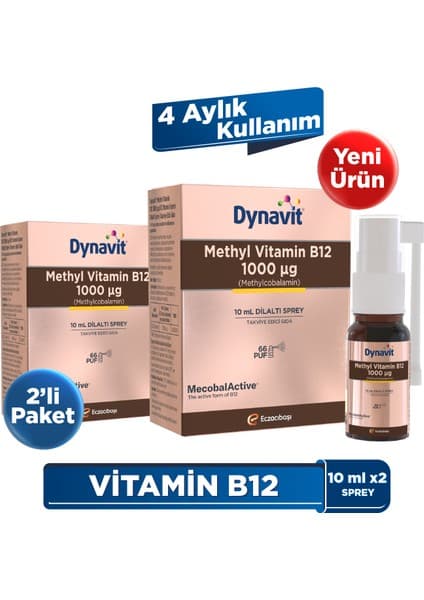 Dynavit Vitamin B12 1000mcg 10mL Dilaltı Spreyx2 Aile Boyu B12 Vitamini Methylcobalamin Hafıza & Enerji