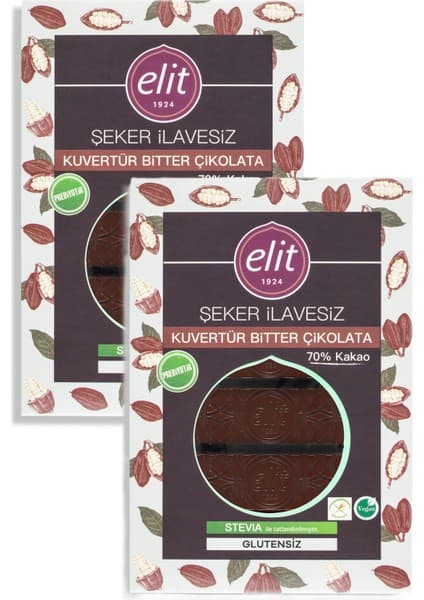 Elit Çikolata Şeker İlavesiz, Vegan ve Prebiyotik Bitter Çikolata Kuvertür 250g 2'li Set (2x250g) Glutensiz