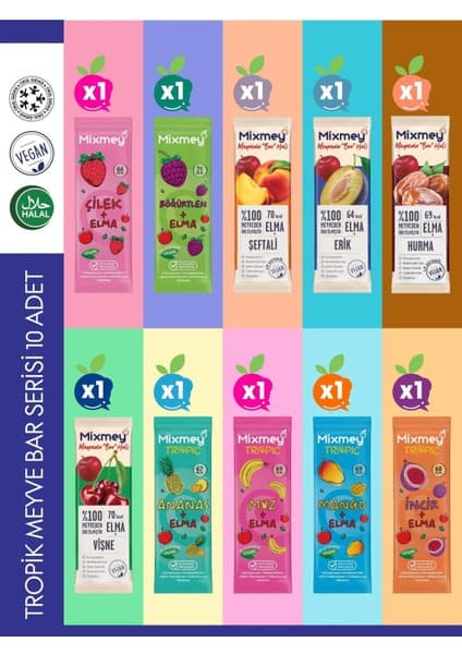 Mixmey Tropik Meyve Bar Serisi 10 Adet | Sağlıklı Atıştırmalıklar – Vegan, Glutensiz (20GR X 10 ADET)