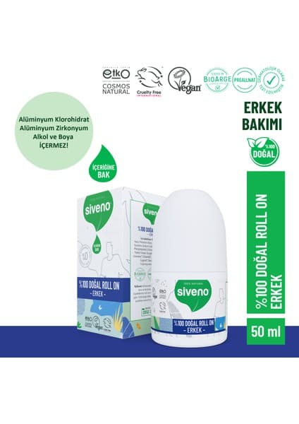 Siveno %100 Doğal Roll On Erkek Deodorant Ter Kokusu Önleyici Bitkisel Leke Bırakmayan Vegan 50 ml