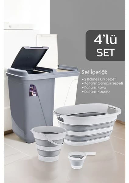 Meleni Home 4'lü Katlanır Çamaşır Sepeti Seti - 90 Lt Kirli Sepeti ve Katlanır Su Kovası ile Pratik Kullanım