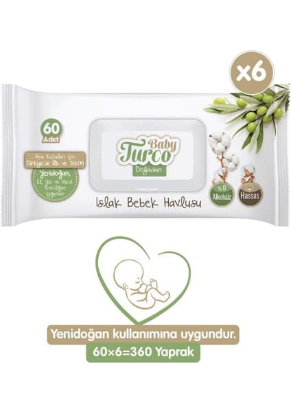 Baby Turco Doğadan Yenidoğan Islak Bebek Havlusu 360 Yaprak Zeytinyağlı 60 Adet x 6'lı