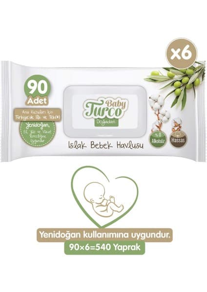 Baby Turco Doğadan Yenidoğan Islak Bebek Havlusu 6X90 Yaprak