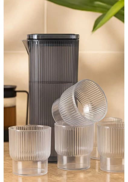 Çavdar Group 5 Parça Kristal Sürahi Seti-Kulpsuz Akrilik Sürahi+ 4 Adet Plastik Bardak