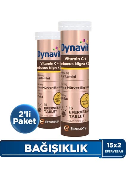 Dynavit C Vitamini, Sambucus Nigra ve Çinko 15 Efervesan Tablet x2 - Bağışıklık - Karışık Meyve Aromalı