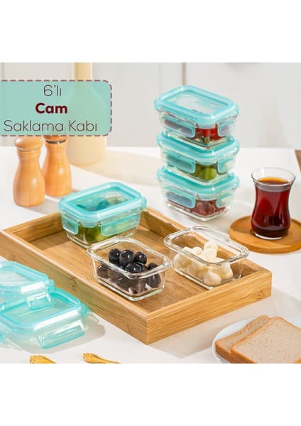 Porsima 4373 6lı Sızdırmaz Kilit Kapaklı Yiyecek Erzak Saklama Kabı Seti - Cam Saklama Kabı - 150ML Yeşil