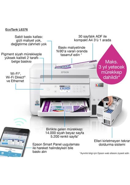 Epson Ecotank L6376 A4 Çok Fonksiyonlu Yazıcı 30 Sayfa Sarf Malzemesi ile Beyaz Renk