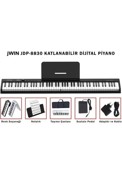Jwin JDP-8830 Tuş Hassasiyetli Katlanabilir Bluetooth + Şarjlı Piyano - Siyah