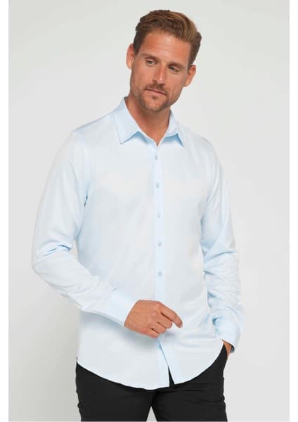Tudors Slim Fit Uzun Kollu Kolay Ütü Teri Emen Nefes Alan Doku Kravatlık Dört Mevsim Mavi Erkek Gömlek