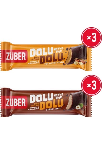 Züber Dolu Dolu Meyve Bar İkili Paket (Yer Fıstığı Ezmeli 30g x 3 Adet + Fındık Ezmeli 30g x 3 Adet)