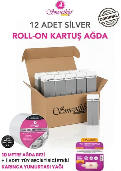 Smoothly Kartuş Silver Roll-On Ağda 12 Li Set 200 ml + 1 Adet Karınca Yumurta Yağı + 10 Mt. Bez