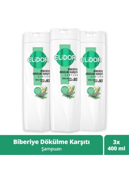 Elidor Biberiye Dökülme Karşıtı 400 ml X3 Şampuan Bitki Özlü Dökülen Saçlar İçin Bakım