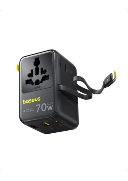 Baseus Enercore CG11 Super Hızlı Universal Seyahat Adaptörü Çekmeli Kablolu 2AC+2U+2C 70W Siyah