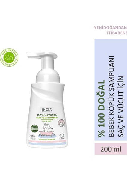 INCIA %100 Doğal Organik Sertifikalı Bebek Köpük Şampuanı Saç Vücut Lavanta Konak Önleyici Yenidoğan 200 ml