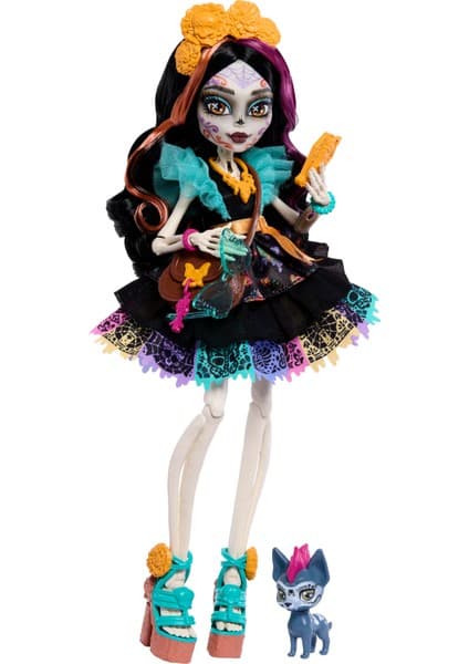 Monster High Monster Hıgh® Skelıta Calaveras™ Bebek | Fırfırlı Elbise Giyen Monster High Skelita Calaveras Bebek, Evcil Dostu Candelita ve 7 Aksesuar JHK34