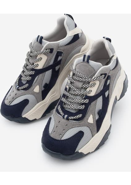 Marjin Kadın Sneaker Yüksek Taban Bağcıklı Spor Ayakkabı Edisa Lacivert Suni Deri Termo Taban