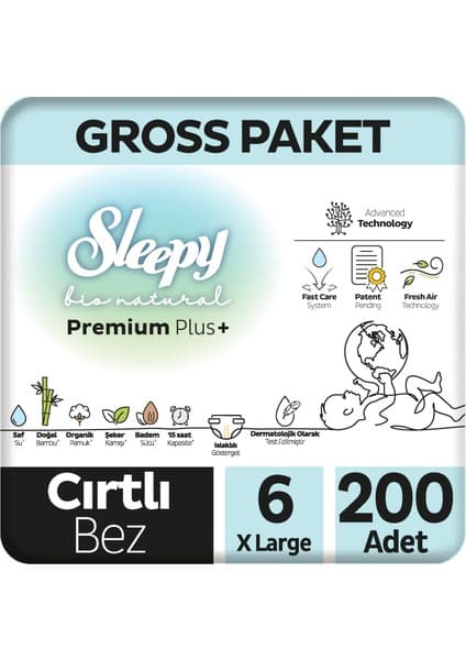 Sleepy Bio Natural Premium Plus Gross Paket Bebek Bezi 6 Numara Xlarge 200 Adet